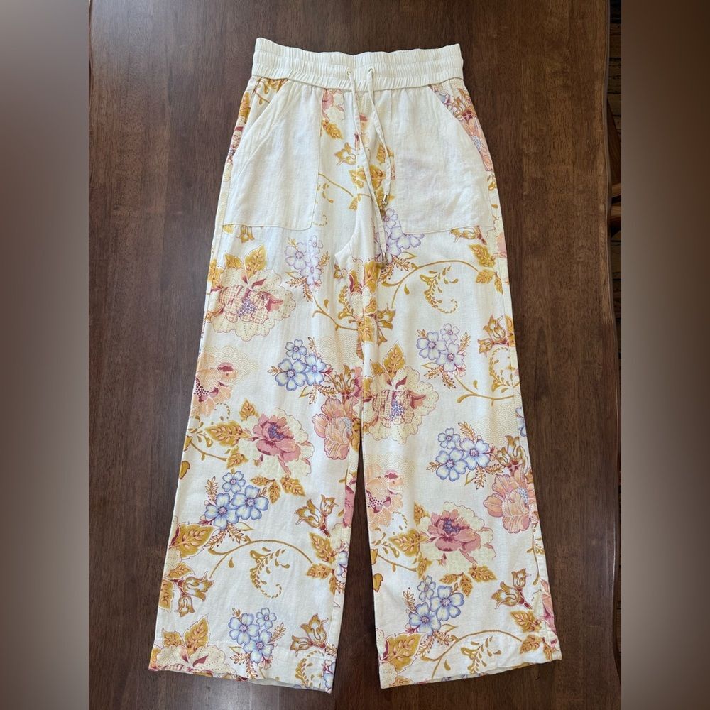 House of Harlow 1960 Linen Blend Floral Wide Leg Pants S Boho Lounge Drawstring